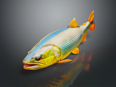 Vibrant Striped Fish with Yellow Blue and Orange Shiny Body on Dark Background 3d model