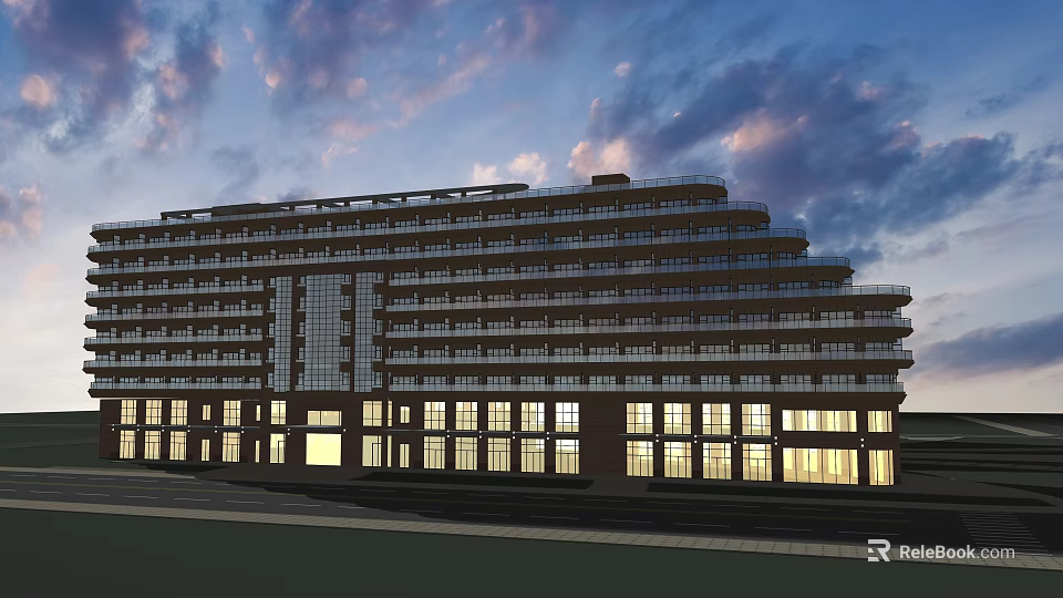 Modern Office Building Exterior Design With Multi Storey Structure And Evening Lighting 3d model 