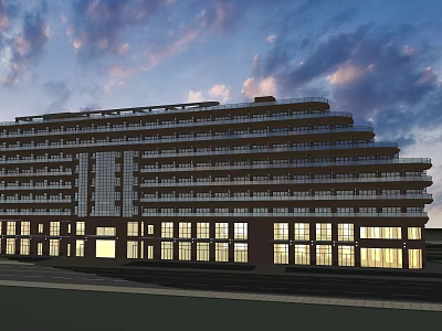 Modern Office Building Exterior Design With Multi Storey Structure And Evening Lighting 3d model