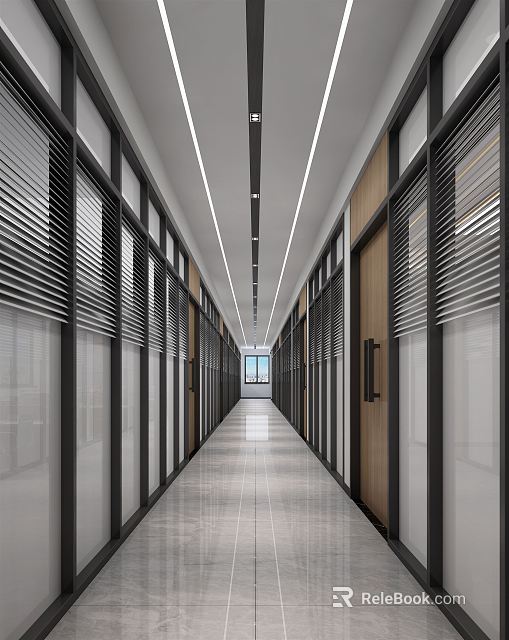 Modern Office Corridor With Glass Shutter Doors Tiled Floor And Ceiling Lights 3d model 