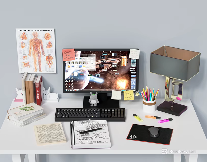 Organized Home Office Desk Setup With Computer Monitor Anatomical Chart Books And Stationery 3d model 