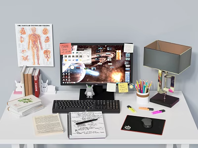 Organized Home Office Desk Setup With Computer Monitor Anatomical Chart Books And Stationery 3d model