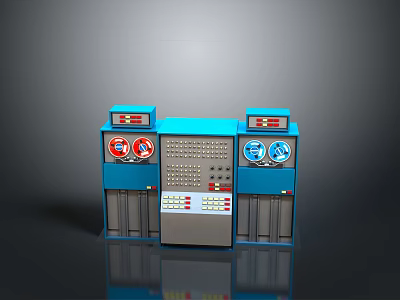 Blue Industrial Control Panel With Digital Screens And Control Buttons 3d model