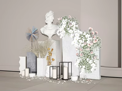 Floral Installation with White Bust Statue Geometric Pedestals Pink White Flowers Candles and Scattered Petals 3d model