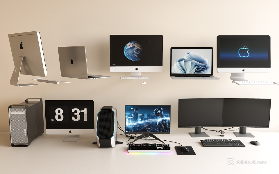 Various Computers Laptops Tower Desktops And Monitors With Tech Earth Apple Displays 3d model 