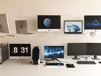 Various Computers Laptops Tower Desktops And Monitors With Tech Earth Apple Displays 3d model