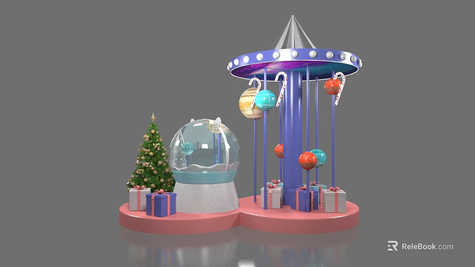 Christmas Display Stack With Carousel Christmas Tree Snow Globe Gift Boxes And Colorful Balls 3d model