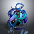 Blue Haired Human Character Crouching With Blue Purple Flowing Octopus Tentacles In White Purple Outfit