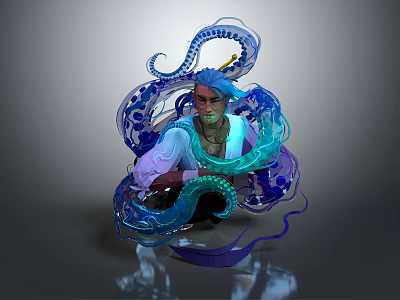 Blue Haired Human Character Crouching With Blue Purple Flowing Octopus Tentacles In White Purple Outfit 3d model