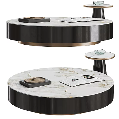 Round Modern Coffee Table White Marble Top Black Metal Frame Styled with Tray and Magazine 3d model