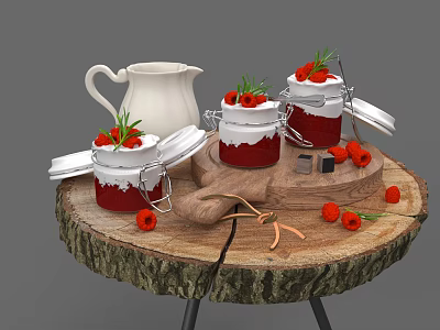 Breakfast strawberry jam wooden table food 3d model