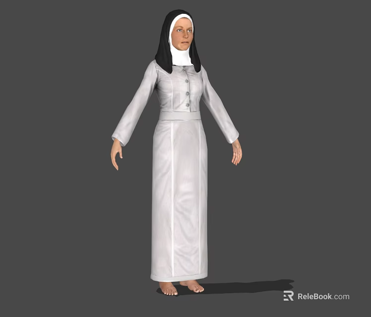 Woman in White Religious Robe With Head Covering Standing Against Gray Background 3d model 