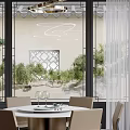 Modern Living Dining Area With Circular Pendant Lights Large Windows Beige Sofa And Green Armchair
