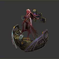 Woman with pink hair standing on futuristic mechanical platform with purple blue tech and weapons