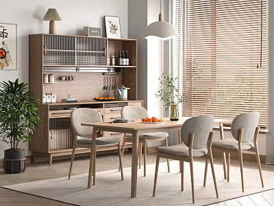 Modern Bright Dining Room Interior With Wooden Table Chairs Glass Cabinet Oranges Vase And Plant 3d model
