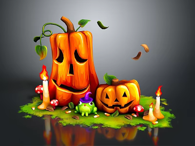 Halloween Decorative Setup Featuring Jack O Lanterns Candles Frog And Foliage Elements 3d model