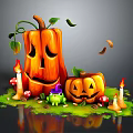 Halloween Decorative Setup Featuring Jack O Lanterns Candles Frog And Foliage Elements