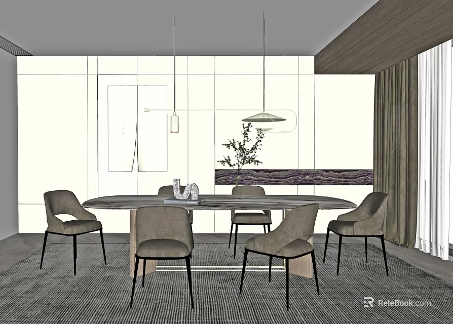 Modern Dining Table Set With Round Table Chairs Pendant Lights And Plant 3d model