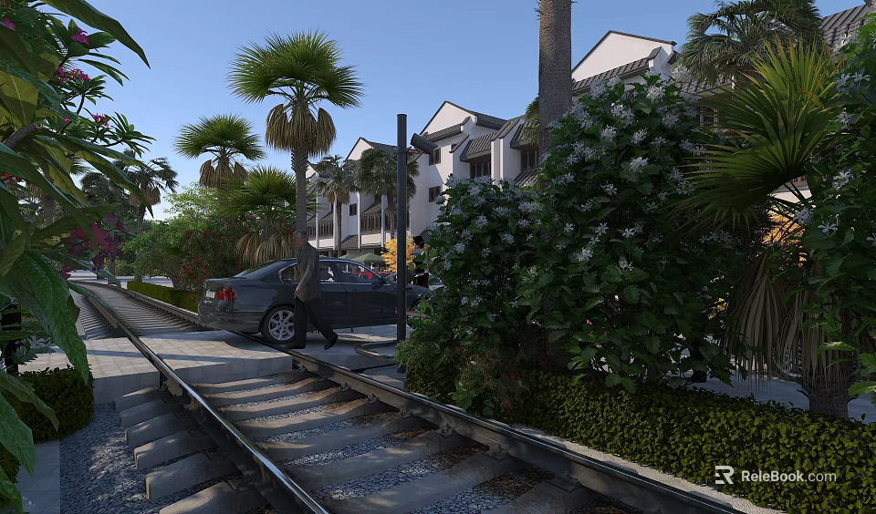 Scenic Urban Roadside Infrastructure With Rail Tracks Sidewalk Parked Car And Palm Trees 3d model 
