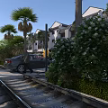 Scenic Urban Roadside Infrastructure With Rail Tracks Sidewalk Parked Car And Palm Trees