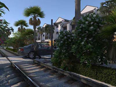 Scenic Urban Roadside Infrastructure With Rail Tracks Sidewalk Parked Car And Palm Trees 3d model