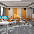 Modern School Classroom With Orange Chairs Interactive Screen And Open Layout