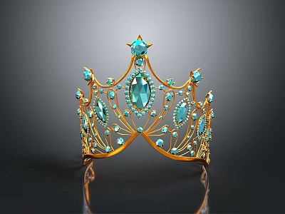 Golden Decorative Crown Inlaid With Blue Gemstones Multiple Spires Design And Reflection On Gray Surface 3d model