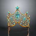 Golden Decorative Crown Inlaid With Blue Gemstones Multiple Spires Design And Reflection On Gray Surface