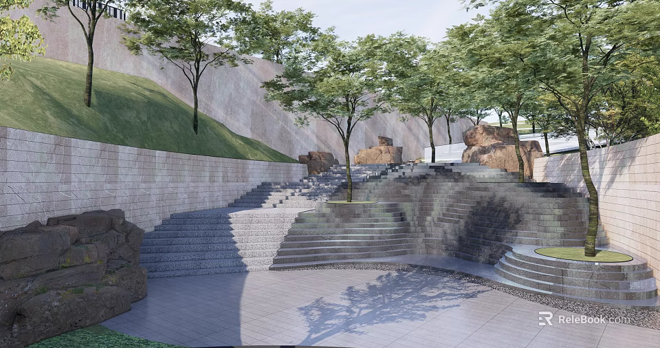 Scenic Park Landscape With Stone Steps Green Trees Stone Wall And Grass Slope 3d model 