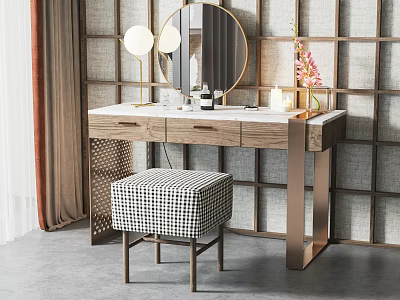 Modern Dressing Table With Round Mirror Table Lamps And Checkered Stool In Wooden Grid Room 3d model