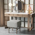Modern Dressing Table With Round Mirror Table Lamps And Checkered Stool In Wooden Grid Room