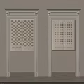 Two White Decorative Door Frames With Checkerboard Dot Pattern Panels On Light Wall Gray Floor 3d model