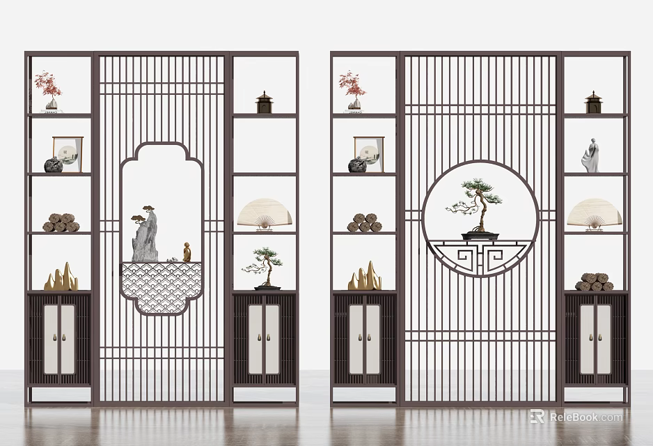 Traditional Chinese Antique Shelf Featuring Lattice Design Circular Pattern And Decorative Ornaments With Potted Plants 3d model 