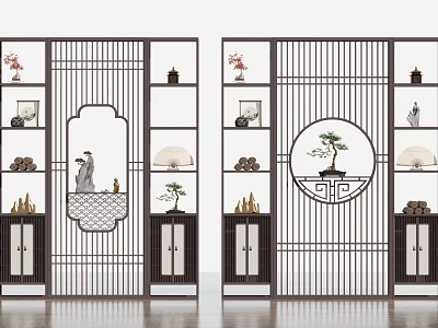 Traditional Chinese Antique Shelf Featuring Lattice Design Circular Pattern And Decorative Ornaments With Potted Plants 3d model