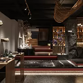 Japanese Style Restaurant Interior With Bamboo Ceiling Wooden Partitions And Stone Bar