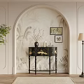 Black Console Table with Tropical Mural Beige Walls Arched Doorway Vase Decor and Floor Lamp