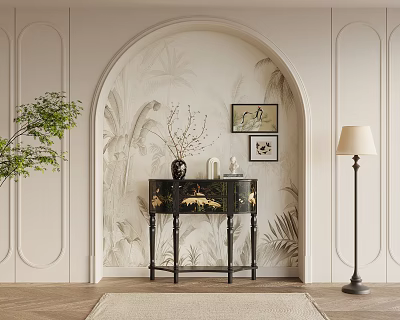 Black Console Table with Tropical Mural Beige Walls Arched Doorway Vase Decor and Floor Lamp 3d model