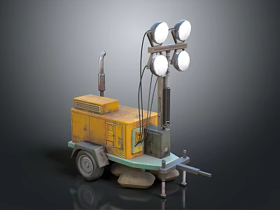 Yellow Trailer Mounted Mobile Lighting Equipment With Four Round Lamps And Generator Box 3d model