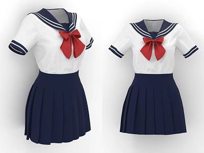 Sailor School Uniform With White Short Sleeve Top Navy Collar Red Bow And Pleated Skirt 3d model