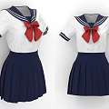 Sailor School Uniform With White Short Sleeve Top Navy Collar Red Bow And Pleated Skirt