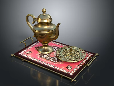 Ornate Brass Teapot On Red Patterned Tray With Golden Border For Home Decor 3d model