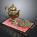 Ornate Brass Teapot On Red Patterned Tray With Golden Border For Home Decor
