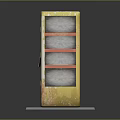 Yellow Storage Cabinet With Three Red Framed White Shelves And Distressed Finish