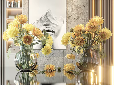 Yellow Chrysanthemums in Glass Vases Decorating Modern Interior with Marble Wall Artwork and Lighting 3d model