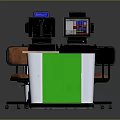 Green And White Reception Desk With Logo Computer Monitor And Orange Chair