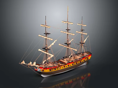 Detailed Wooden Sailing Ship Model With Multiple Masts And Yellow Red Hull 3d model