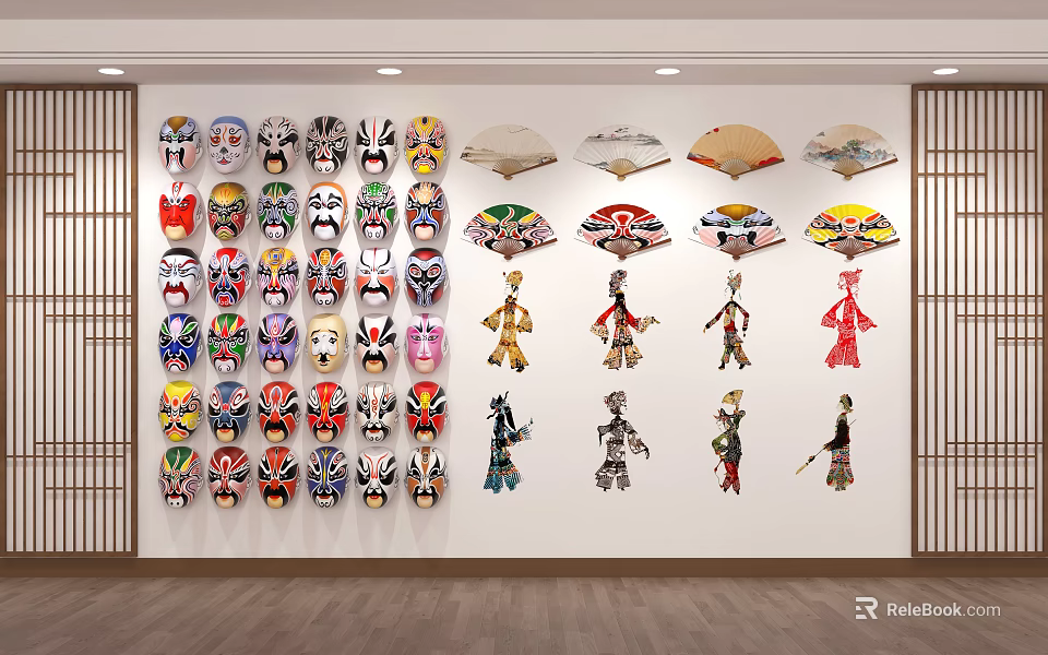 Traditional Chinese Wall Decor Design With Opera Masks Paper Fans and Shadow Puppets 3d model 