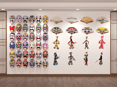 Traditional Chinese Wall Decor Design With Opera Masks Paper Fans and Shadow Puppets 3d model