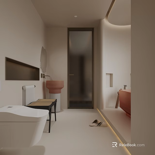 Modern Bathroom Interior With Light Colored Walls Glass Door Coral Bathtub White Toilet And Black Stool 3d model 