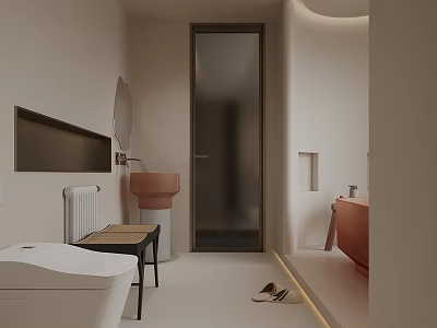 Modern Bathroom Interior With Light Colored Walls Glass Door Coral Bathtub White Toilet And Black Stool 3d model